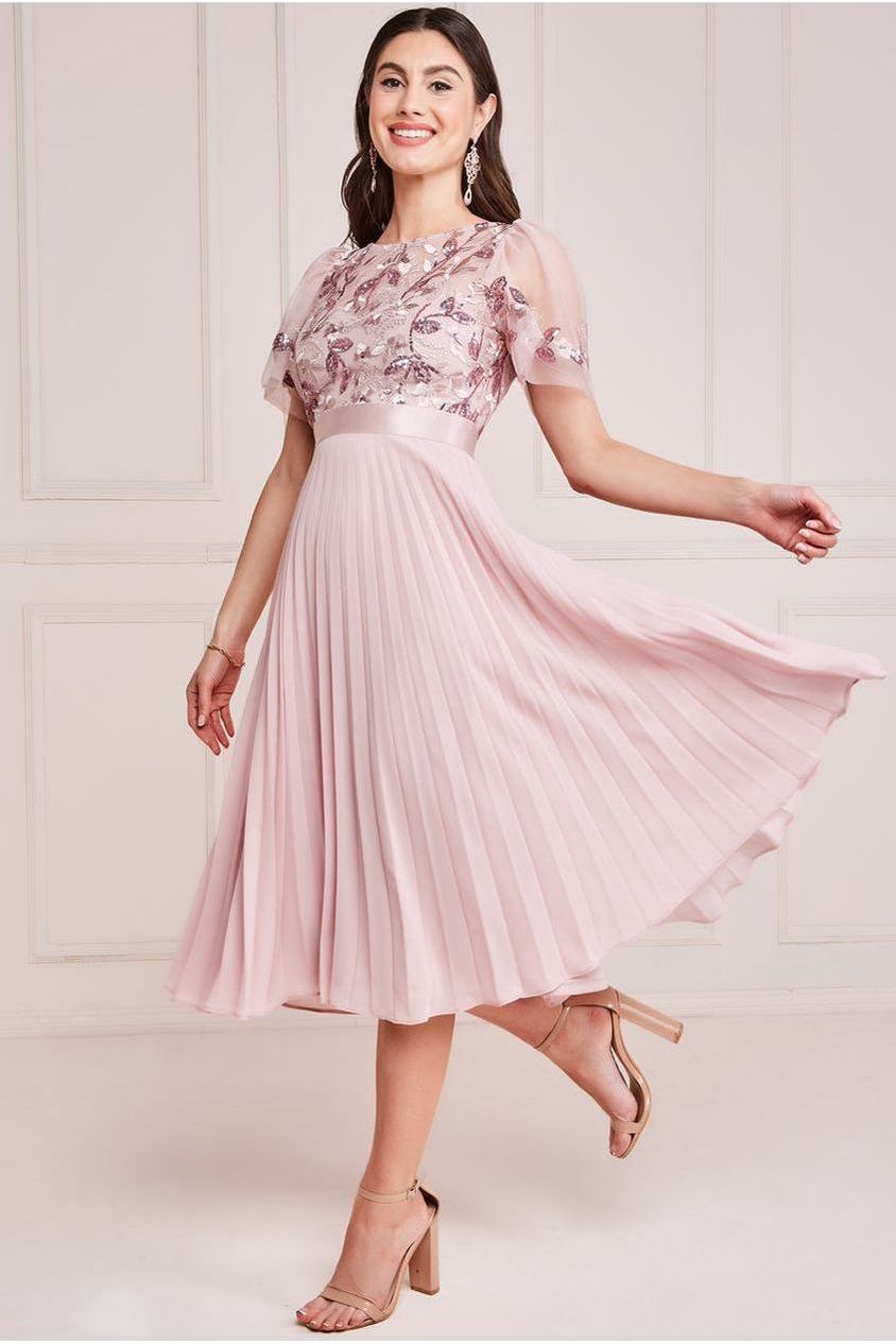 Goddiva Embroidered Top Chiffon Pleated Midi - Blush