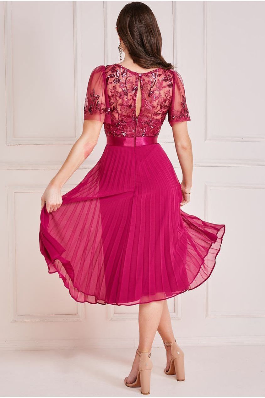 Goddiva Embroidered Top Chiffon Pleated Midi - Magenta