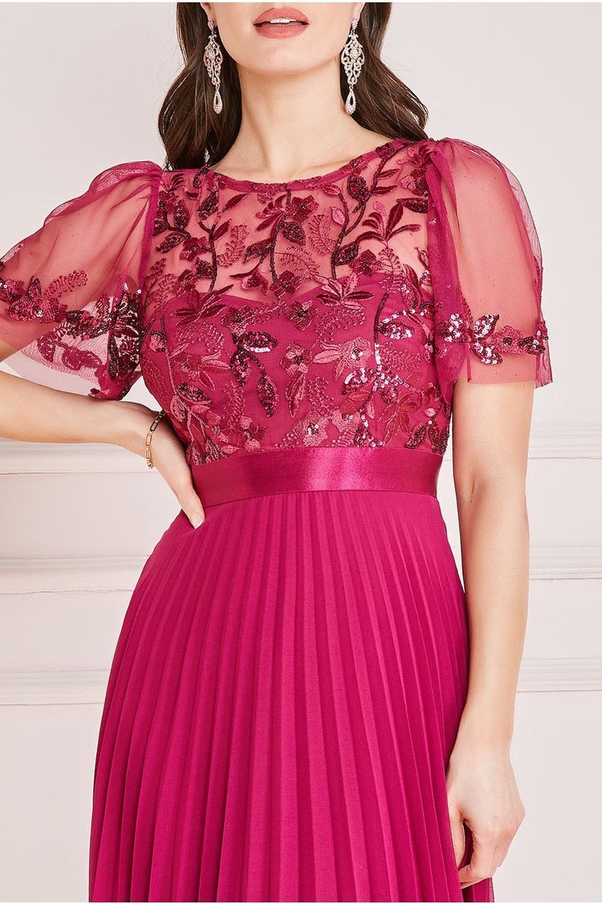 Goddiva Embroidered Top Chiffon Pleated Midi - Magenta