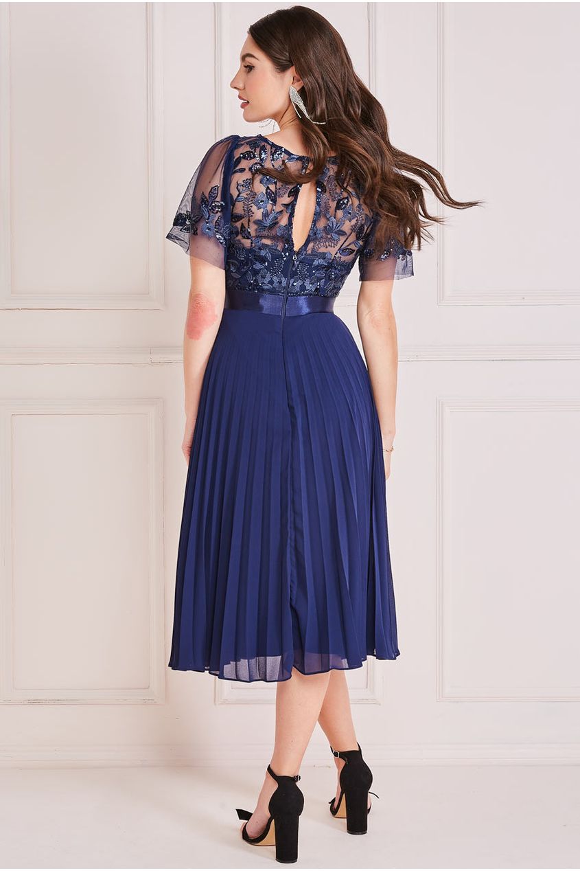 Goddiva Embroidered Top Chiffon Pleated Midi - Navy