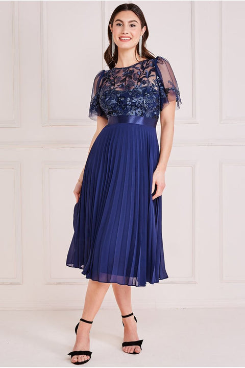 Goddiva Embroidered Top Chiffon Pleated Midi - Navy