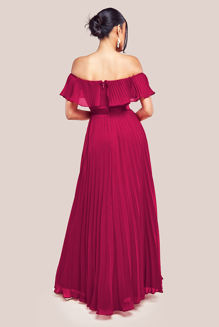 Goddiva Pleated Chiffon Off Shoulder Maxi Dress - Burgundy