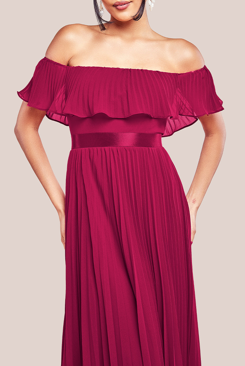 Goddiva Pleated Chiffon Off Shoulder Maxi Dress - Burgundy