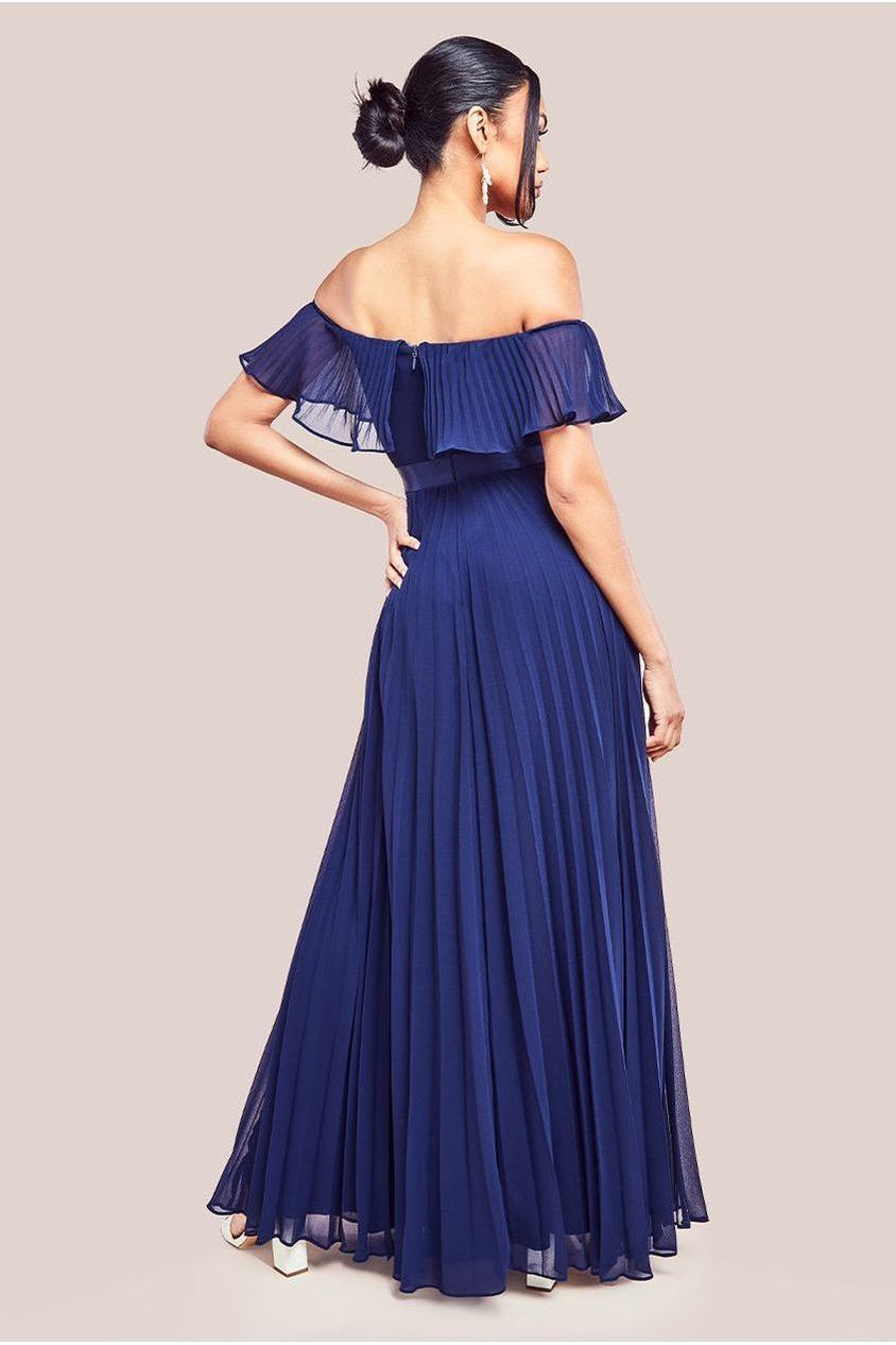 Goddiva Pleated Chiffon Off Shoulder Maxi Dress - Navy