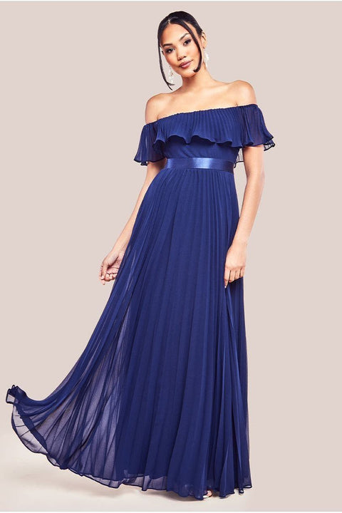 Goddiva Pleated Chiffon Off Shoulder Maxi Dress - Navy