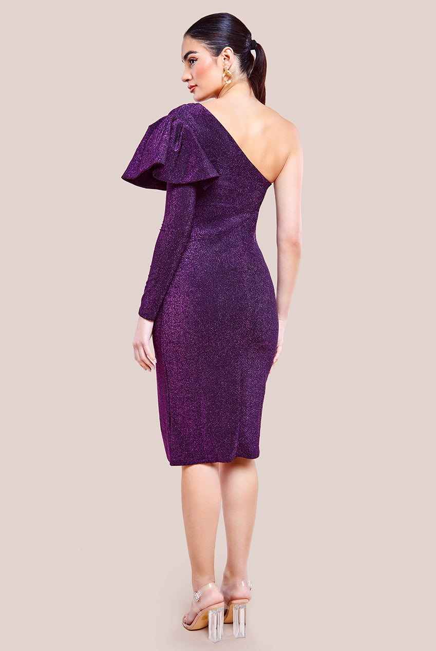 Goddiva One Sleeve Frill Lurex Midi Dress - Purple