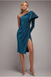 Goddiva One Sleeve Frill Lurex Midi Dress - Blue