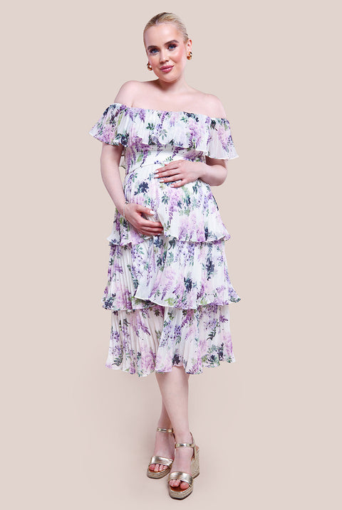 Goddiva Maternity Shirred Chiffon Floral Bardot Midi Dress - Multi