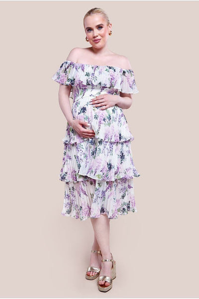 Multi - Goddiva Maternity Shirred Chiffon Floral Bardot Midi Dress - Multi