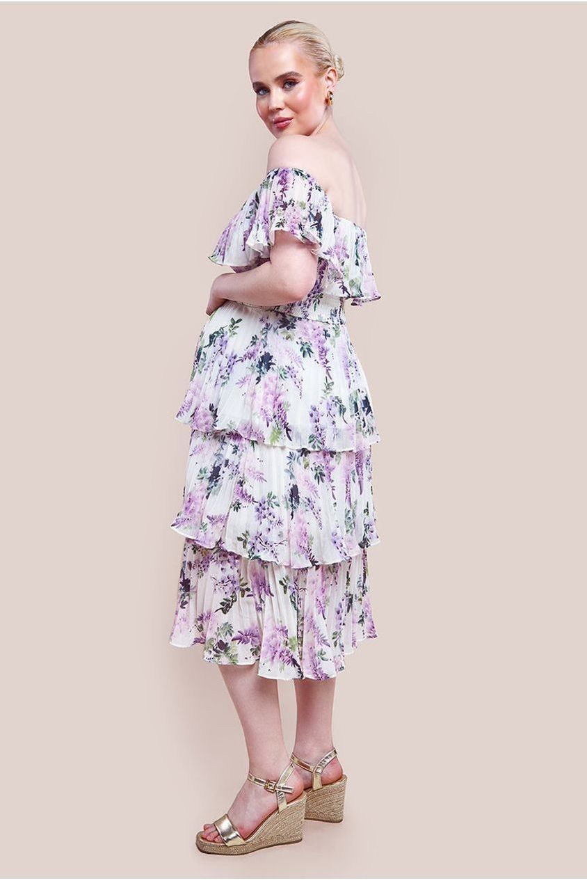 Goddiva Maternity Shirred Chiffon Floral Bardot Midi Dress - Multi