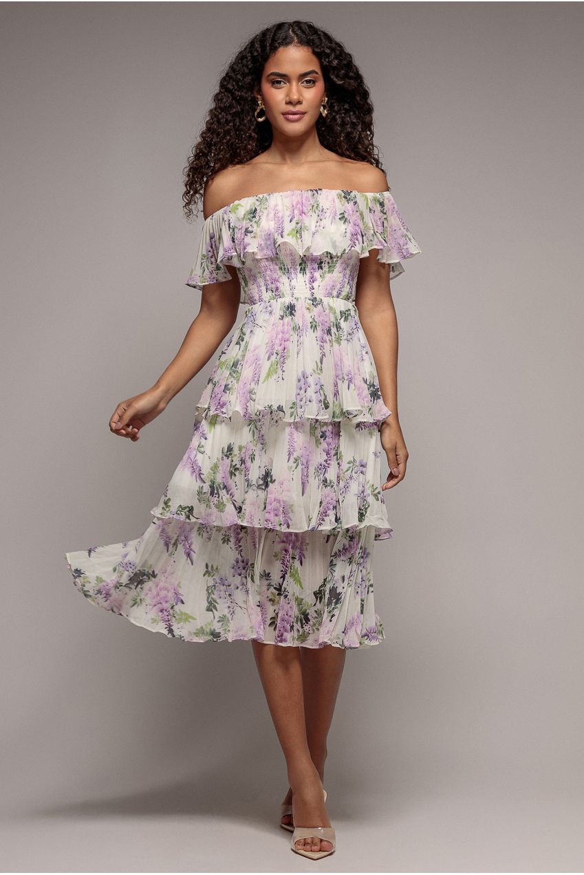 Goddiva Shirred Chiffon Floral Bardot Midi Dress - Multi