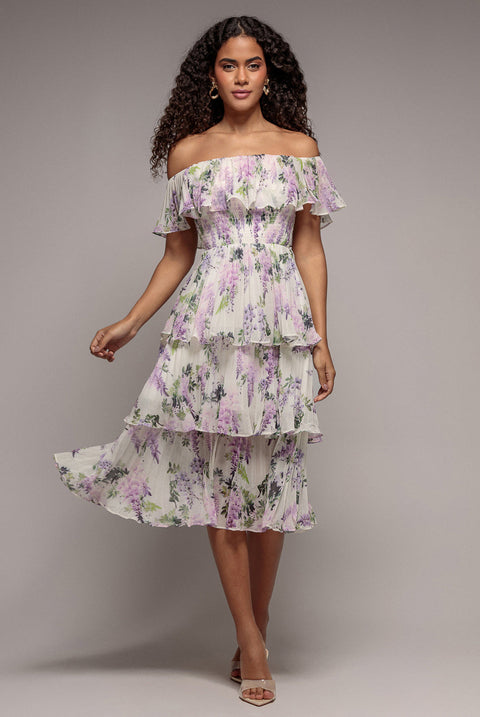 Goddiva Shirred Chiffon Floral Bardot Midi Dress - Multi