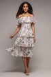 Goddiva Shirred Chiffon Floral Bardot Midi Dress - Multi