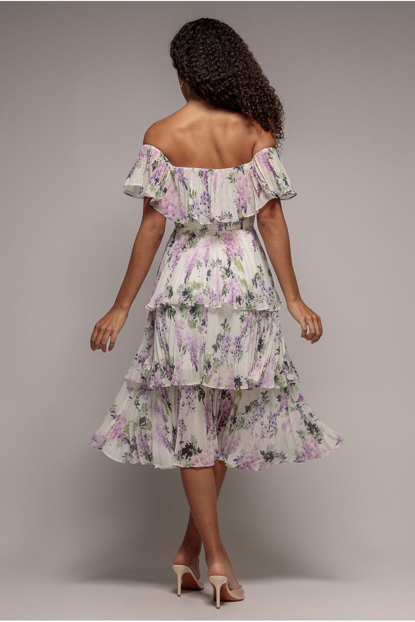 Goddiva Shirred Chiffon Floral Bardot Midi Dress - Multi