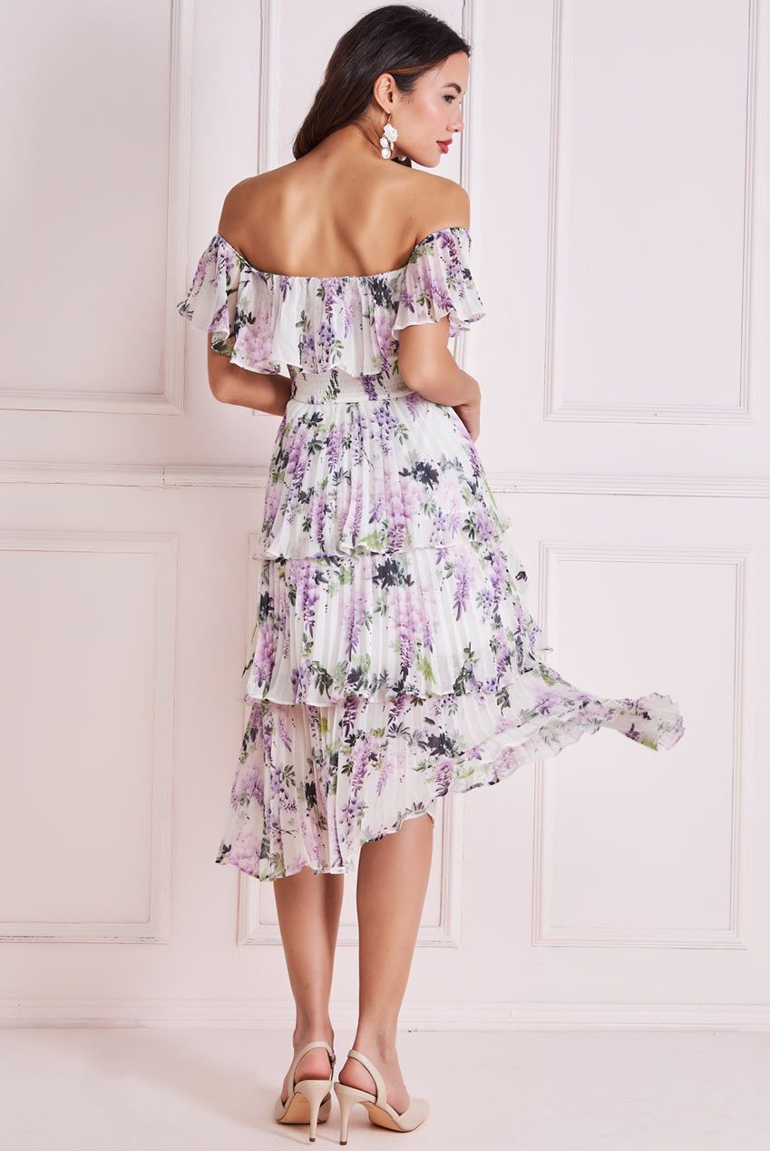 Goddiva Shirred Chiffon Floral Bardot Midi Dress - Multi