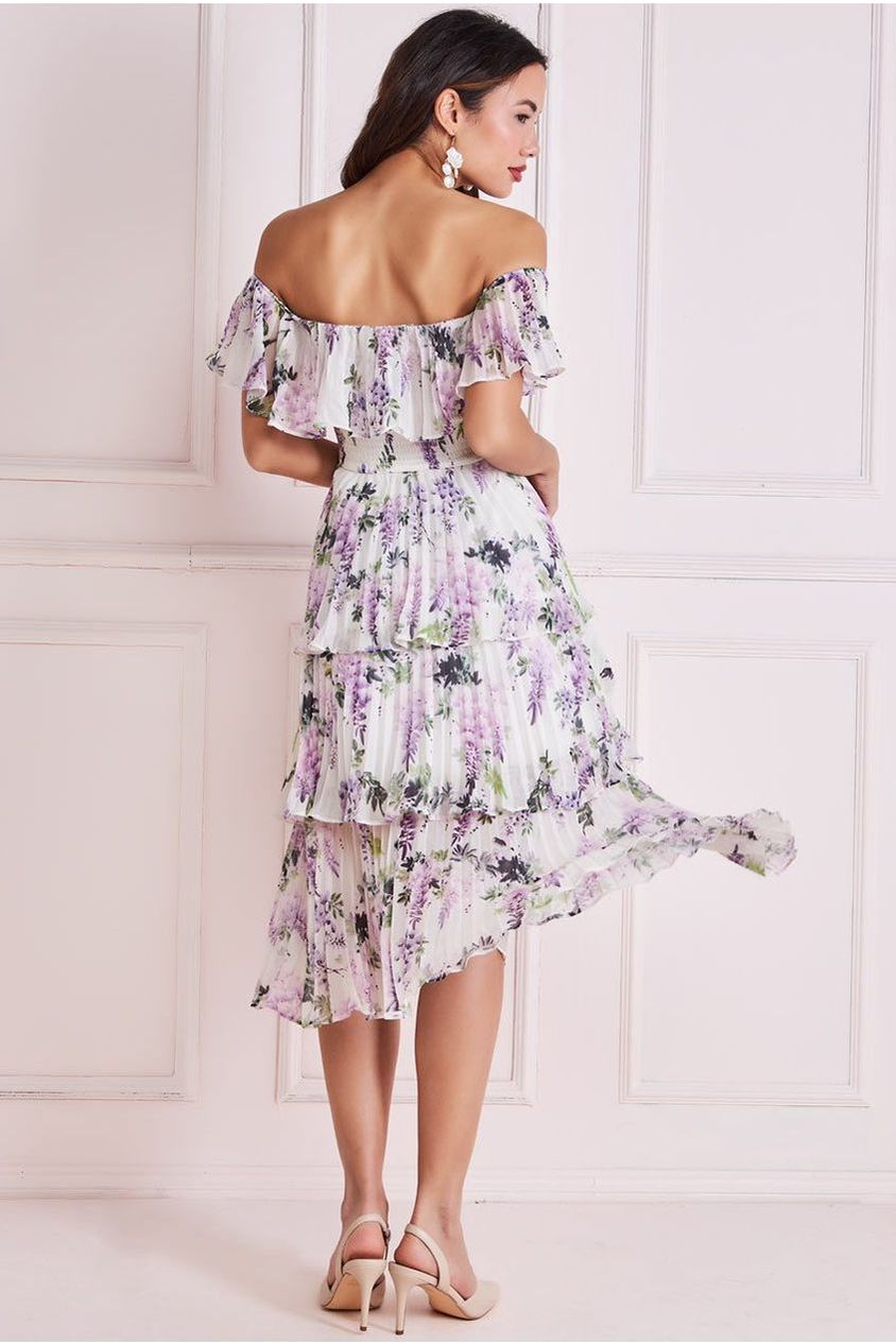 Goddiva Shirred Chiffon Floral Bardot Midi Dress - Multi