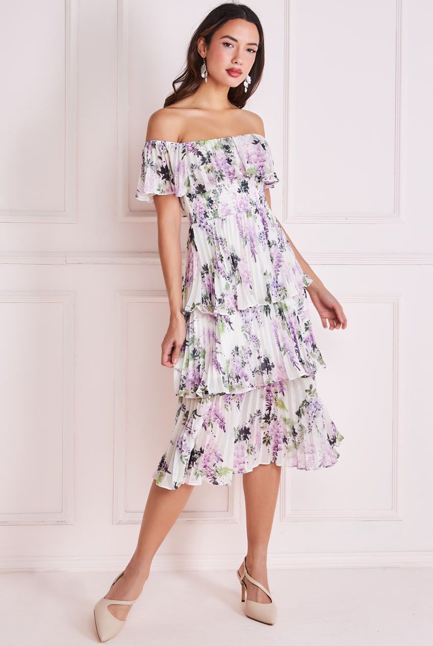 Goddiva Shirred Chiffon Floral Bardot Midi Dress - Multi