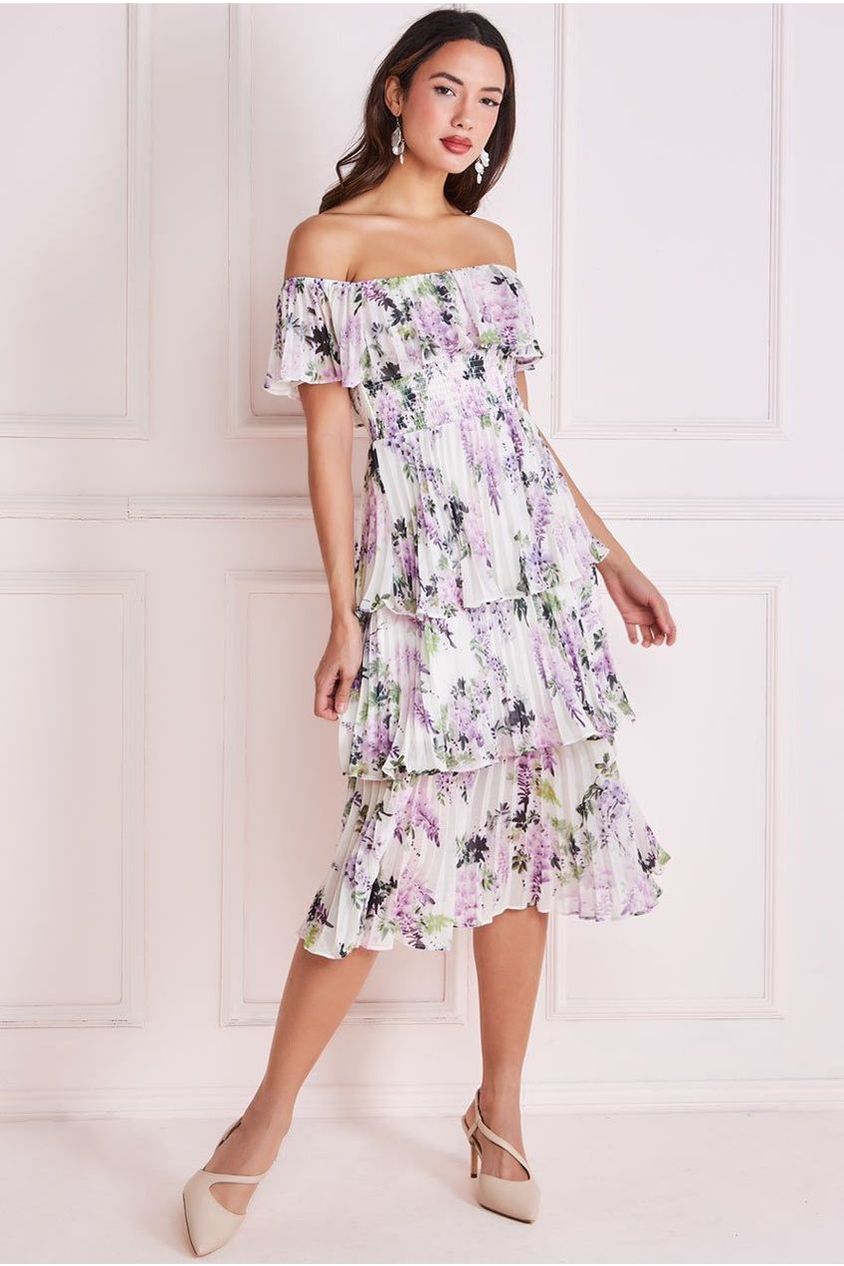 Goddiva Shirred Chiffon Floral Bardot Midi Dress - Multi