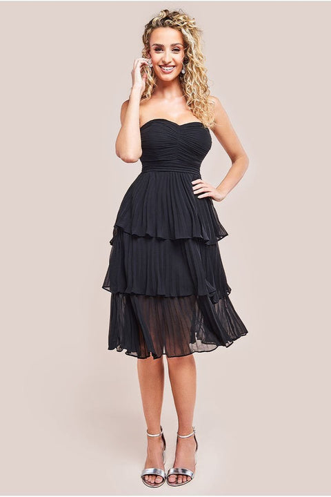 Goddiva Pleated Bandeau Bodice Chiffon Tiered Midi - Black