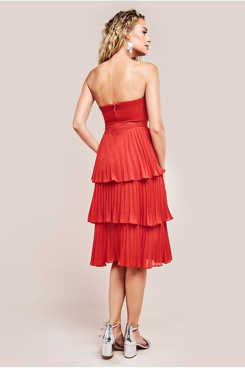 Goddiva Pleated Bandeau Bodice Chiffon Tiered Midi - Orange