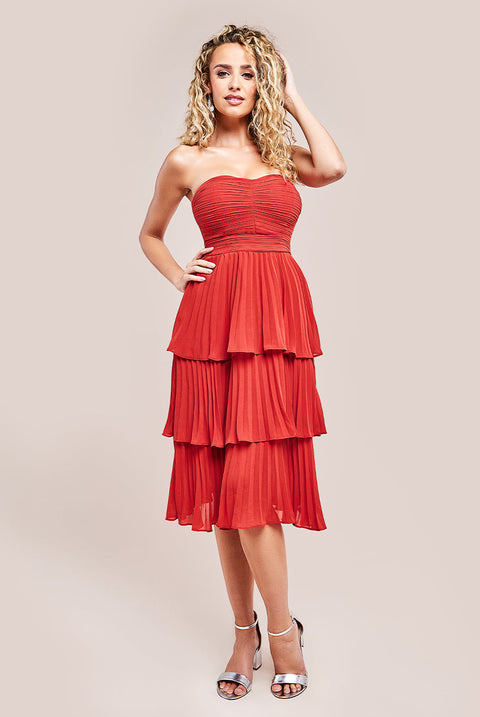 Goddiva Pleated Bandeau Bodice Chiffon Tiered Midi - Orange