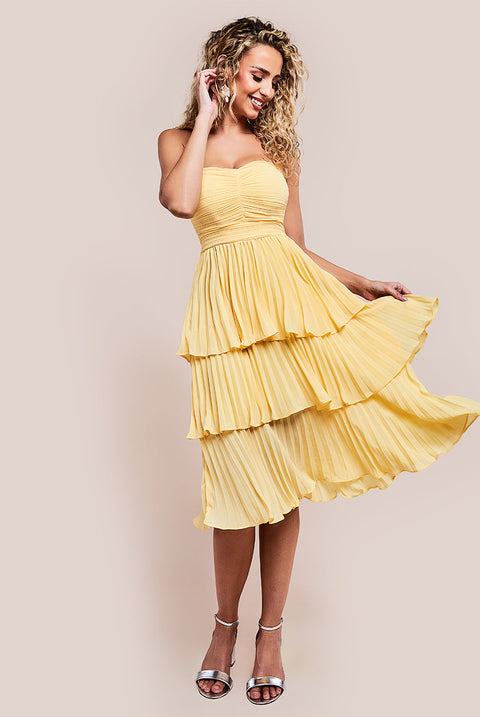 Goddiva Pleated Bandeau Bodice Chiffon Tiered Midi - Yellow