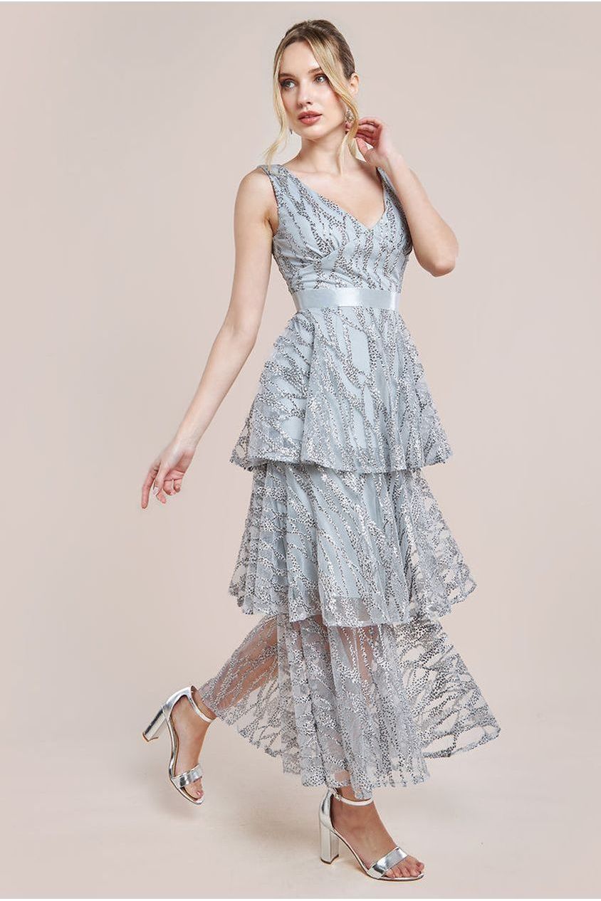 Goddiva Embroidered Mesh Tiered Midi Dress - Gray