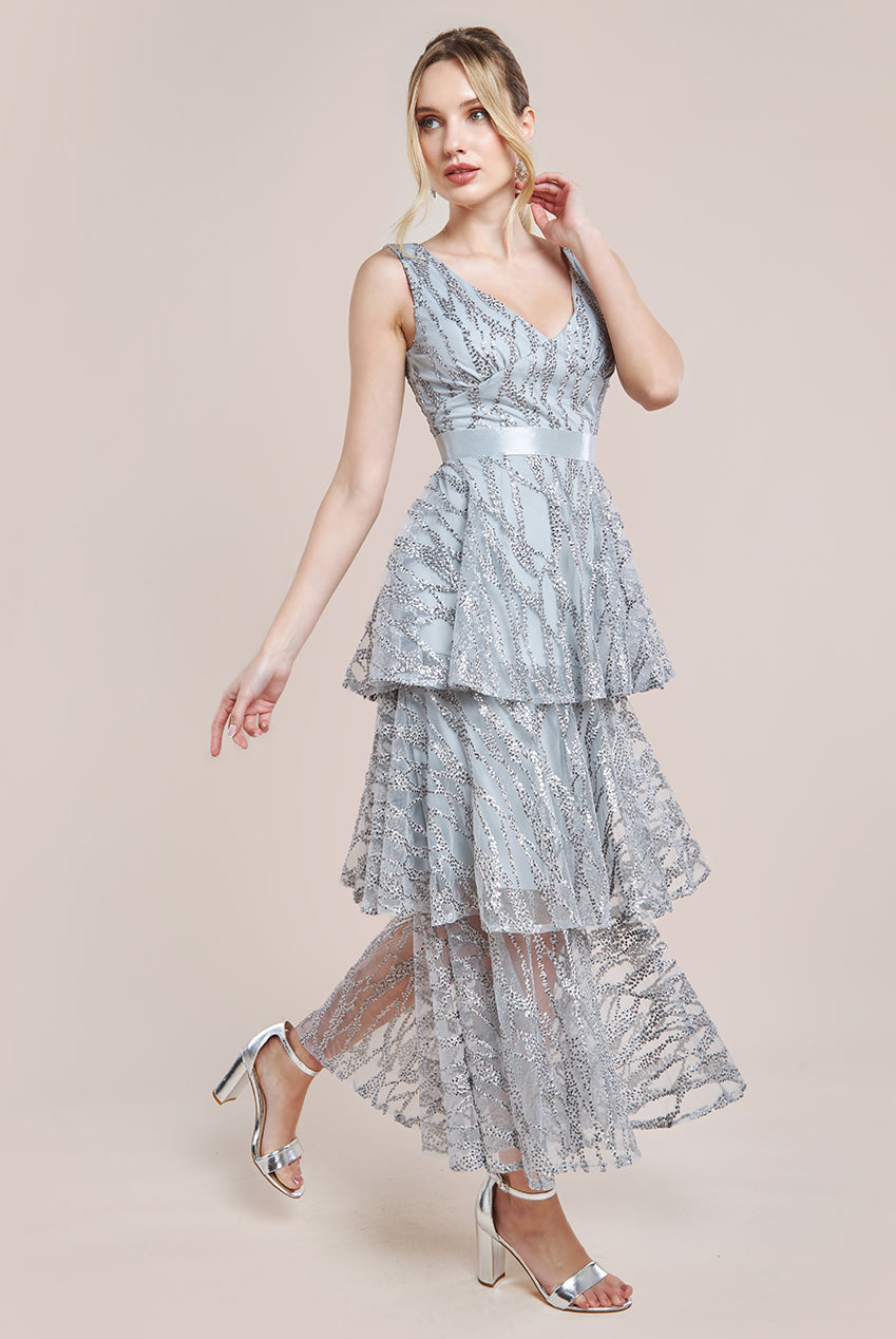 Goddiva Embroidered Mesh Tiered Midi Dress - Gray