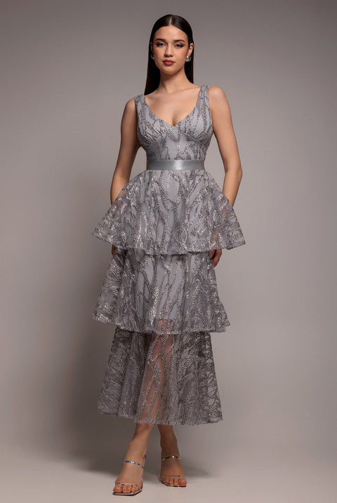 Goddiva Embroidered Mesh Tiered Midi Dress - Gray