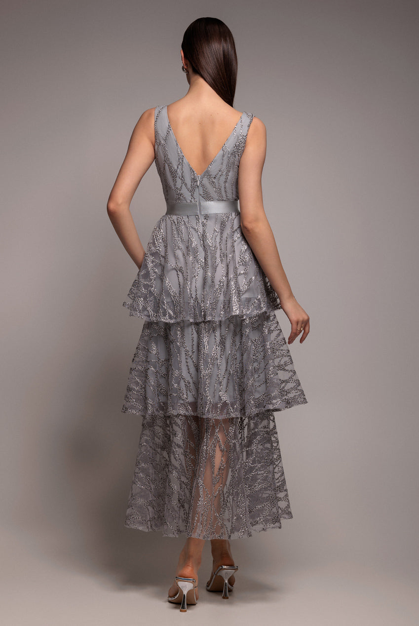 Goddiva Embroidered Mesh Tiered Midi Dress - Gray