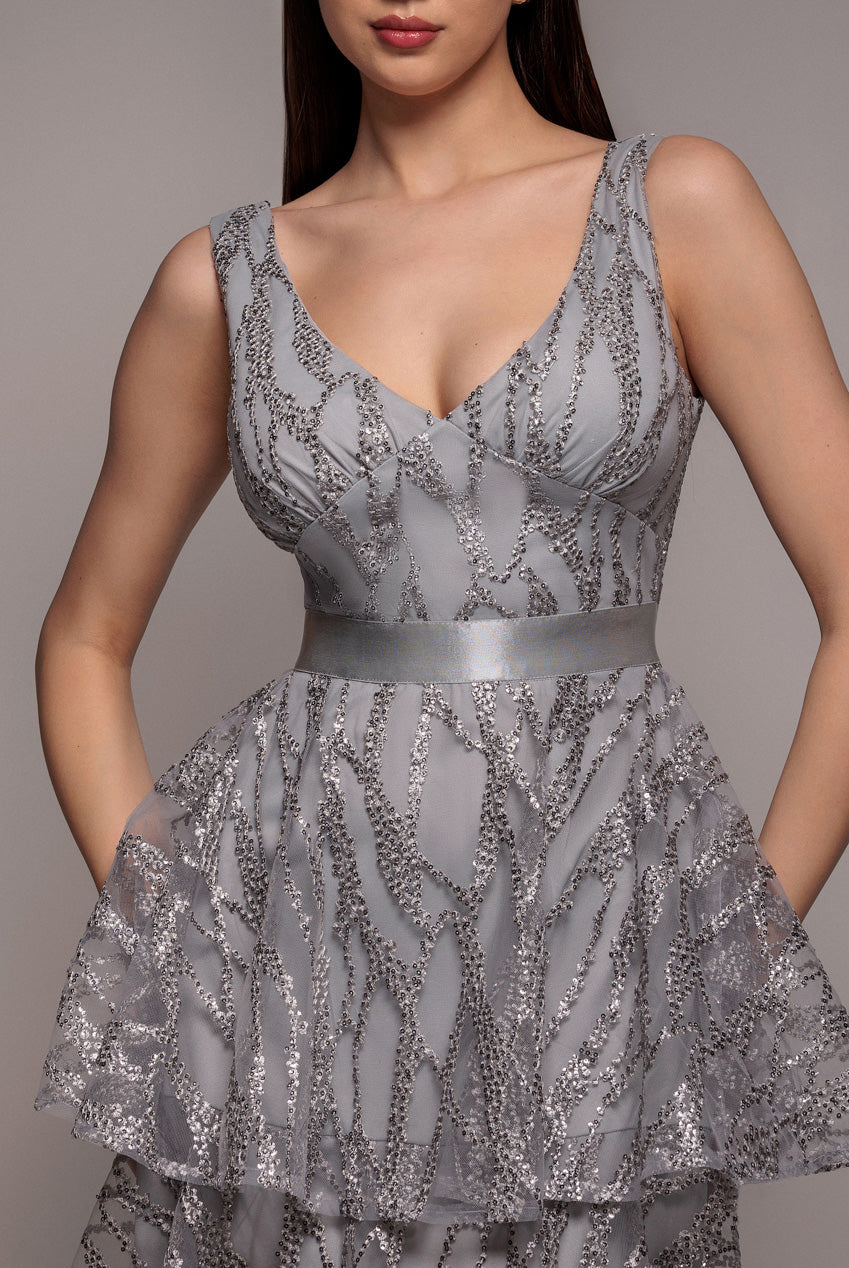 Goddiva Embroidered Mesh Tiered Midi Dress - Gray