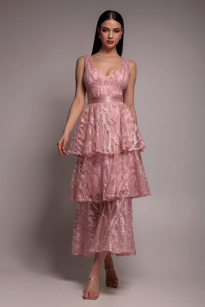 Goddiva Embroidered Mesh Tiered Midi Dress - Pink