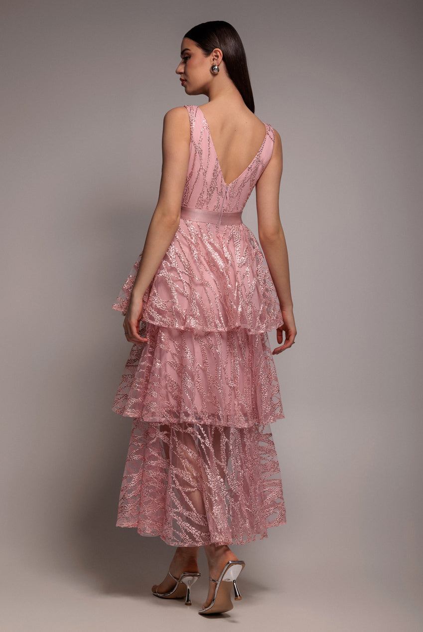 Goddiva Embroidered Mesh Tiered Midi Dress - Pink