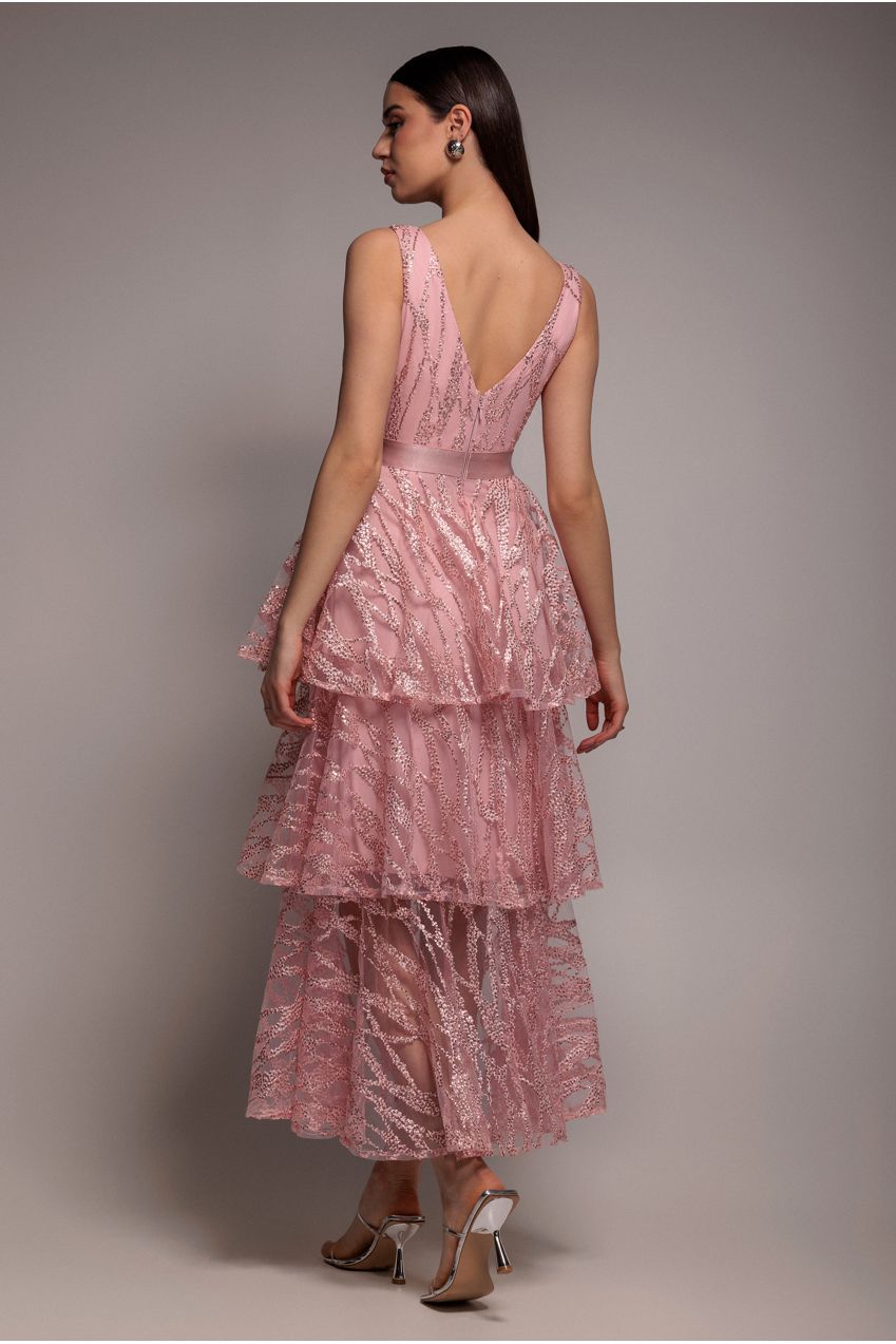 Goddiva Embroidered Mesh Tiered Midi Dress - Pink
