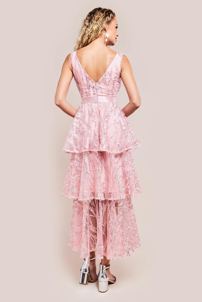 Goddiva Embroidered Mesh Tiered Midi Dress - Pink