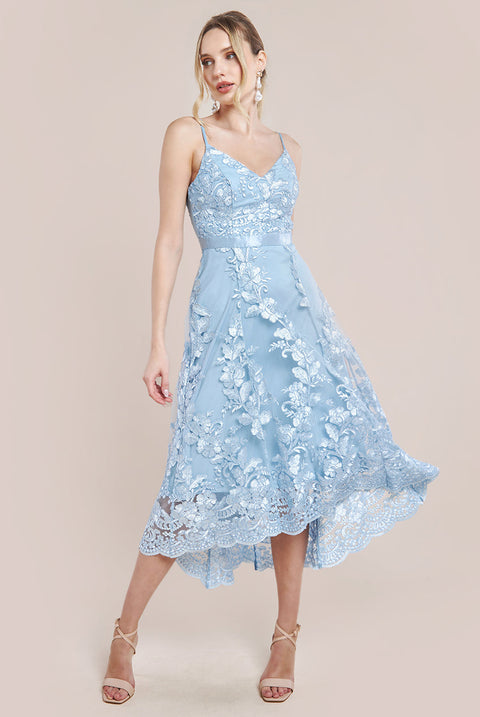 Goddiva Dipped Hem Sleeveless Lace Midi - Light Blue