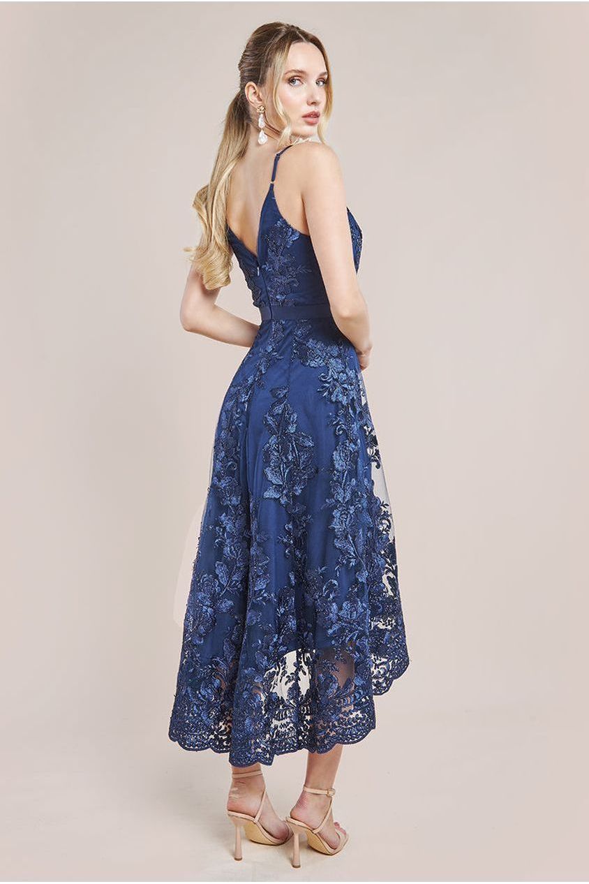 Goddiva Dipped Hem Sleeveless Lace Midi - Navy