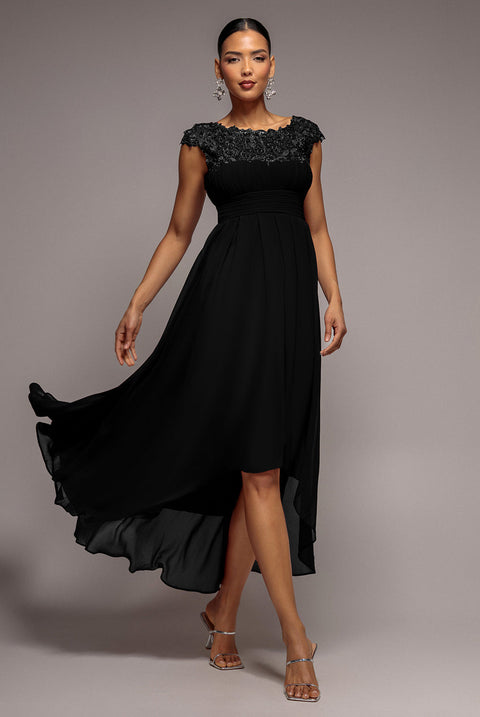 Goddiva Crochet & Pleated Top High Low Maxi - Black