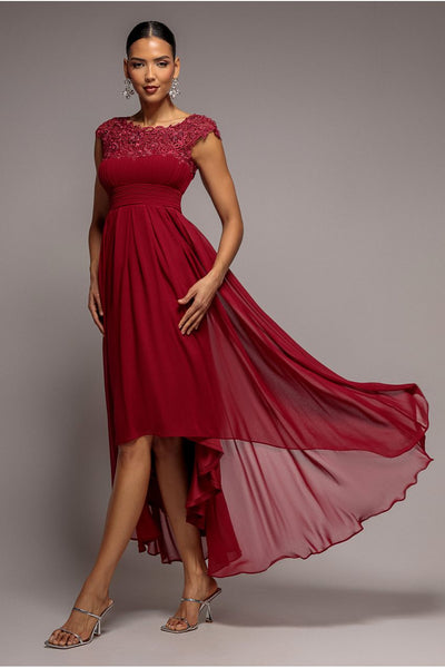Burgundy - Goddiva Crochet & Pleated Top High Low Maxi - Burgundy