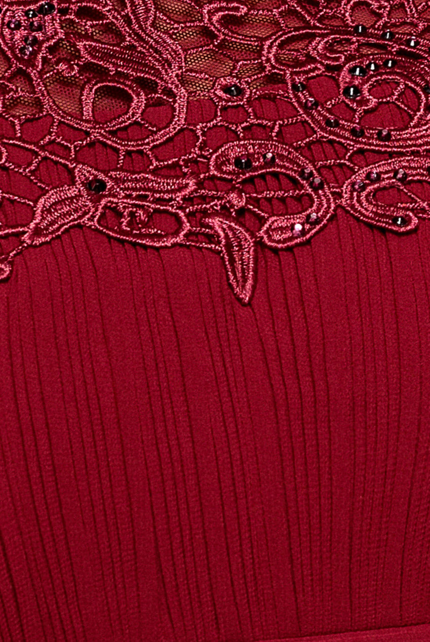 Goddiva Crochet & Pleated Top High Low Maxi - Burgundy