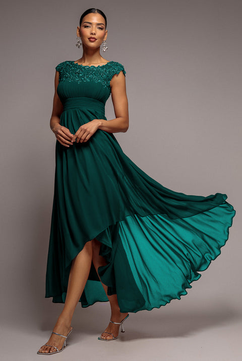 Goddiva Crochet & Pleated Top High Low Maxi - Emerald