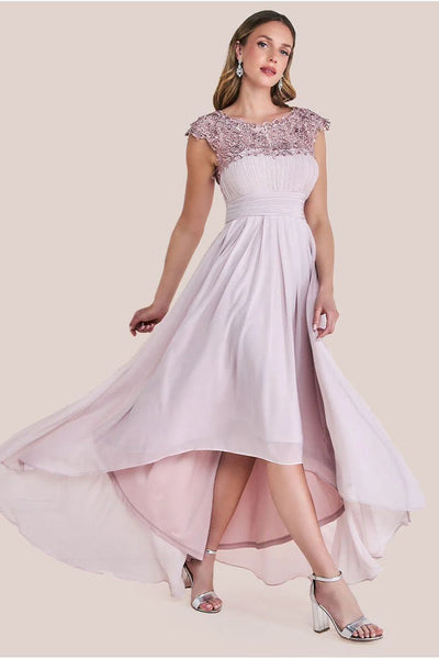 Blush - Goddiva Crochet & Pleated Top High Low Maxi - Blush