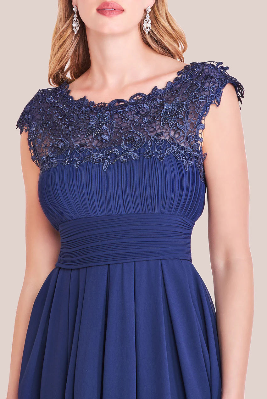 Goddiva Crochet & Pleated Top High Low Maxi - Navy