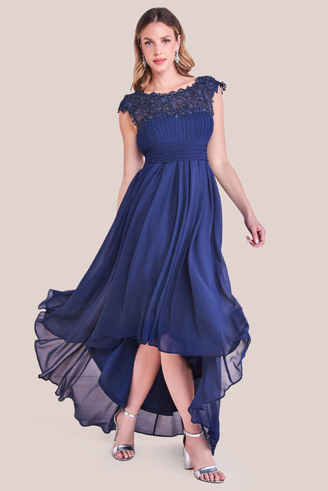 Goddiva Crochet & Pleated Top High Low Maxi - Navy