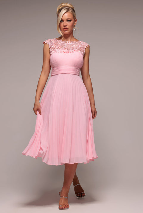 Goddiva Crochet & Pleated Top Midi Dress - Blush Pink