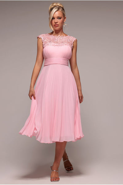 BlushPink - Goddiva Crochet & Pleated Top Midi Dress - Blush Pink