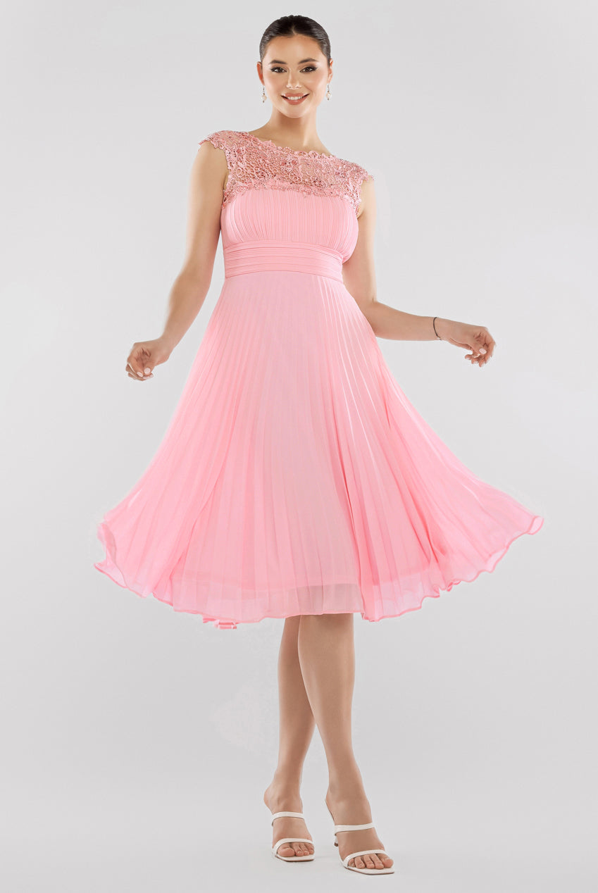 Goddiva Crochet & Pleated Top Midi Dress - Blush Pink