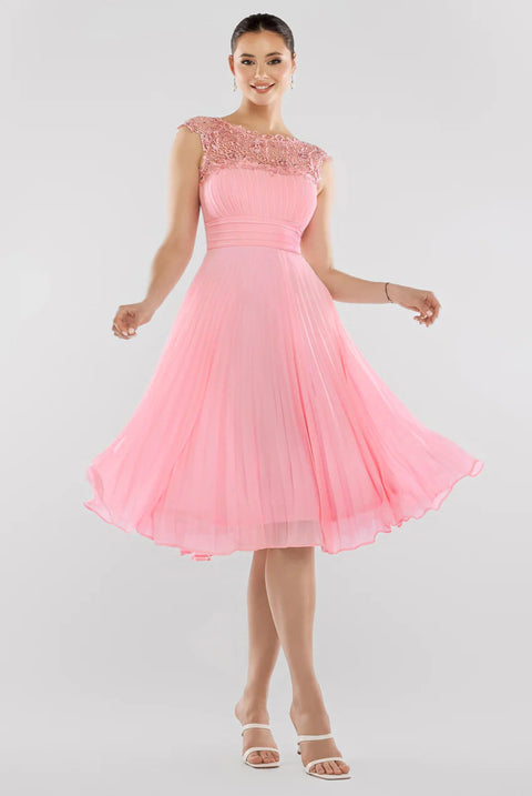 Goddiva Crochet & Pleated Top Midi Dress - Blush Pink