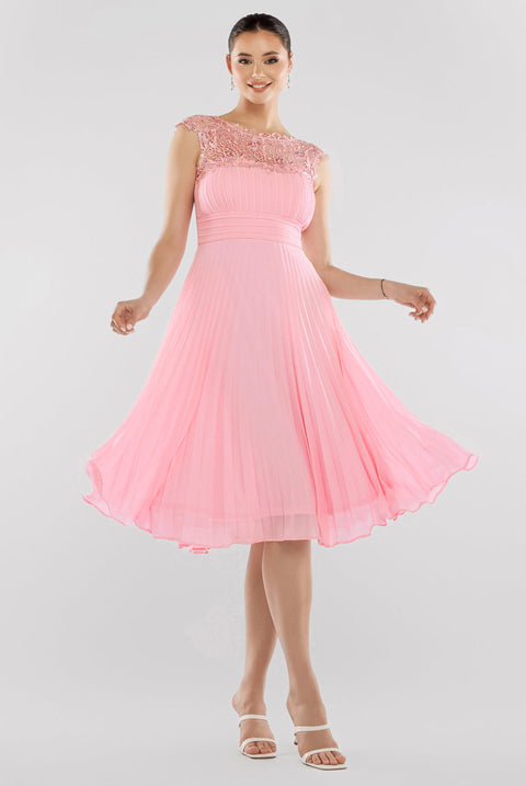 Goddiva Crochet & Pleated Top Midi Dress - Blush Pink