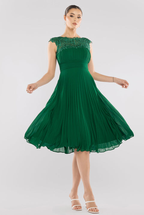 Goddiva Crochet & Pleated Top Midi - Emerald